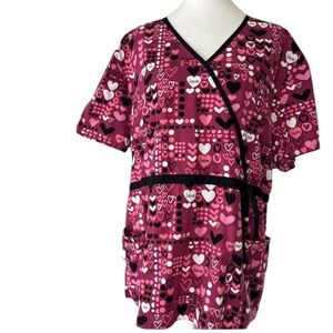 Scrub H.Q. Top Womens Plus 2XL Mock Wrap Elastic Waist Pink Hearts Black White